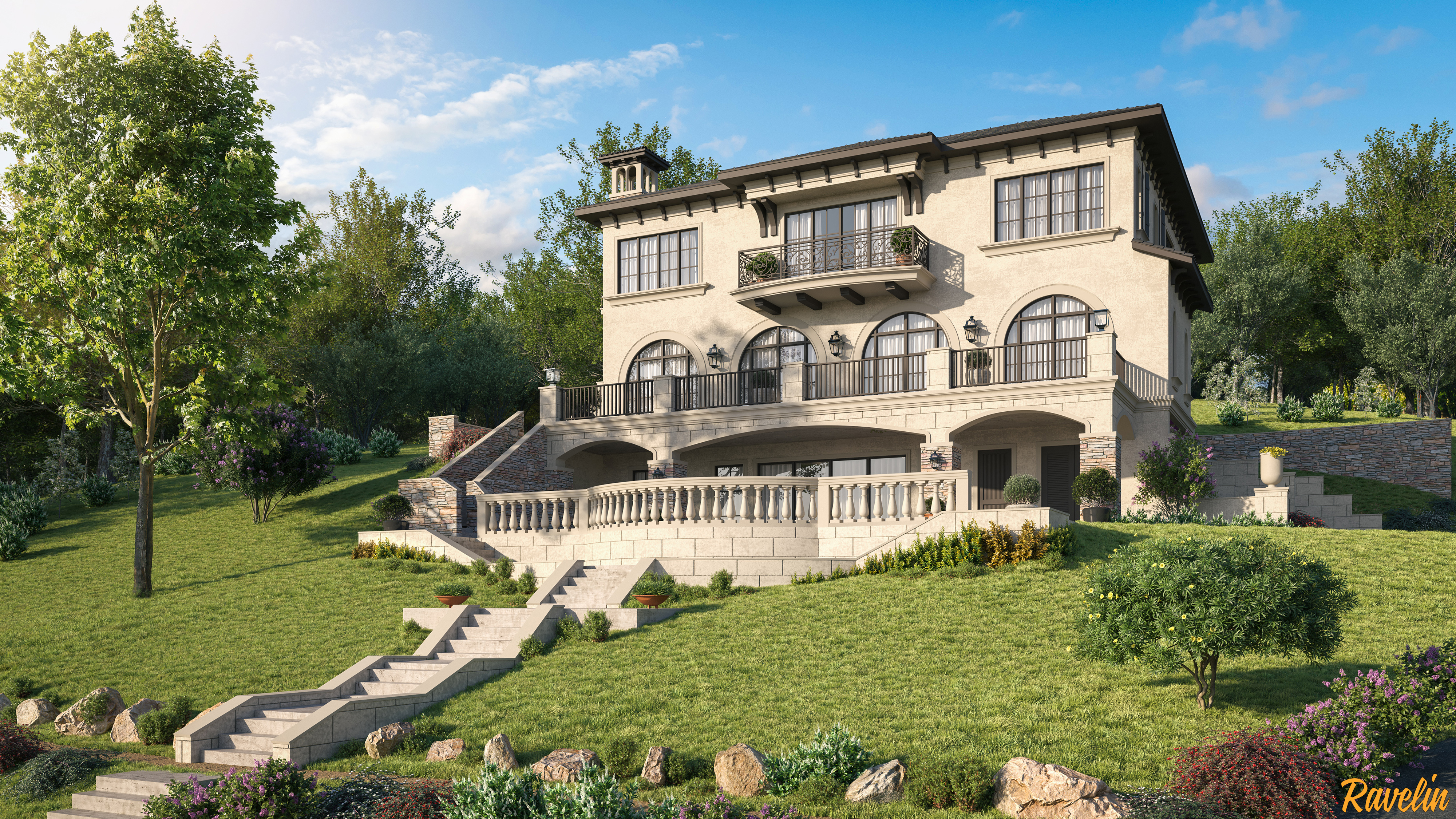 Luxury beachfront villa exterior visualization with pool deck and ocean view